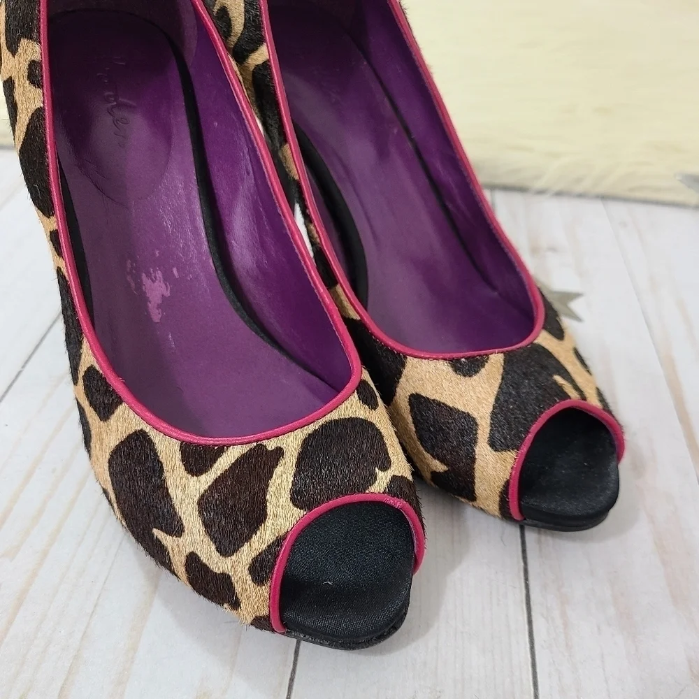 Boden leopard print pony hair peep toe pumps size 39
